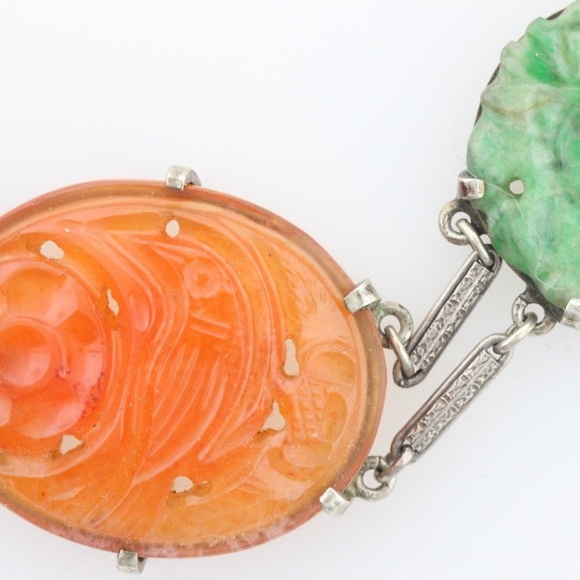 Sterling Silver Carved Floral Red Jadeite & Jade Hinged Bar Link Bracelet - 7.5" - Picture 4 of 8